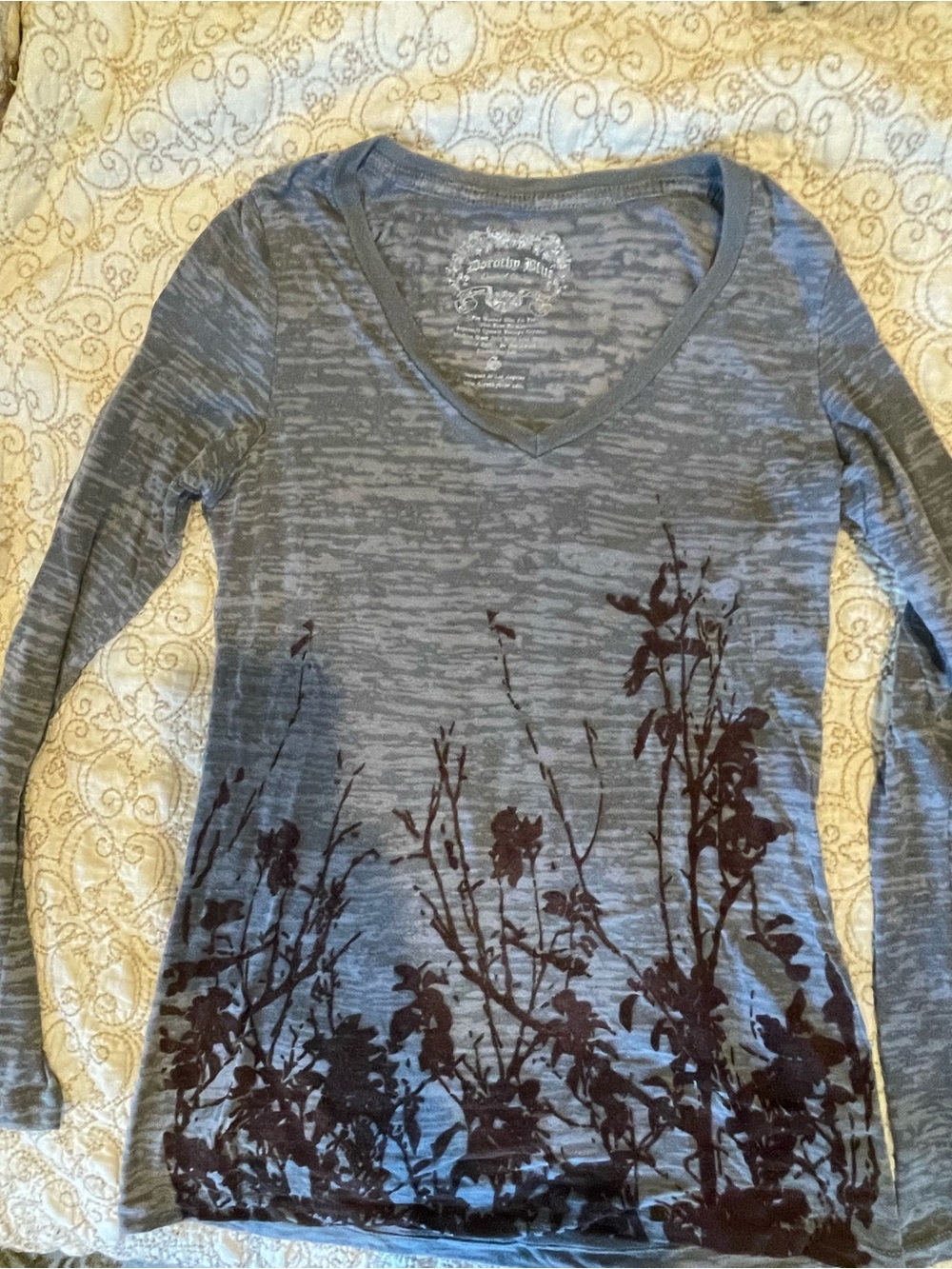 Dorothy Blue grey long sleeve top with velvet floral design. Size S